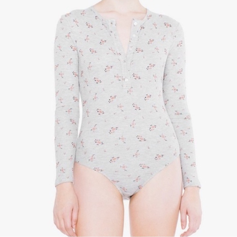 American Apparel Grey Floral Henley Bodysuit Small